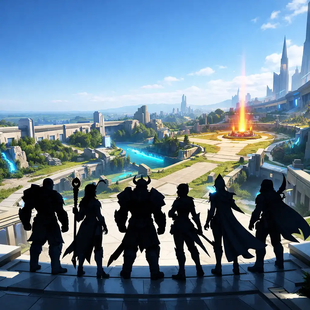 Eredeti fantasy MOBA aréna, amelyben hat különböző hősszerepet jelképező sziluett áll háromsávos küzdőtér mellett.