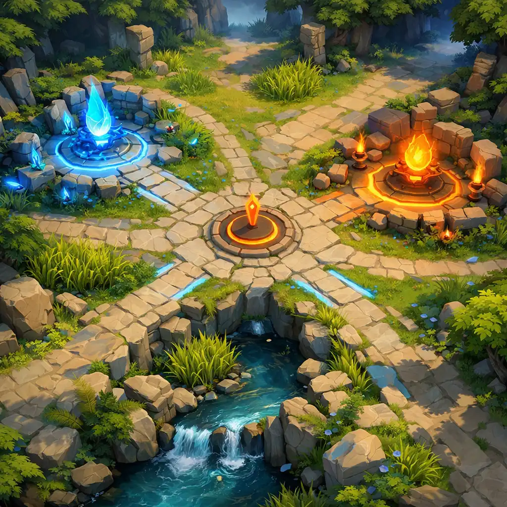 Eredeti fantasy jungle kereszteződés kék és narancs erőforrás-zónákkal, folyókijárattal és ösvényekkel.