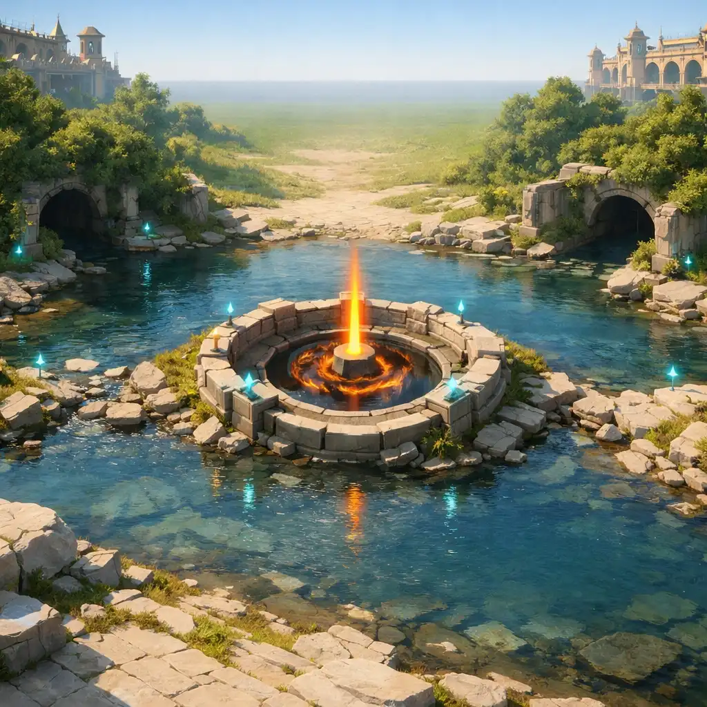 Eredeti fantasy folyóátkelő központi semleges objektívzónával és két jungle bejárattal.