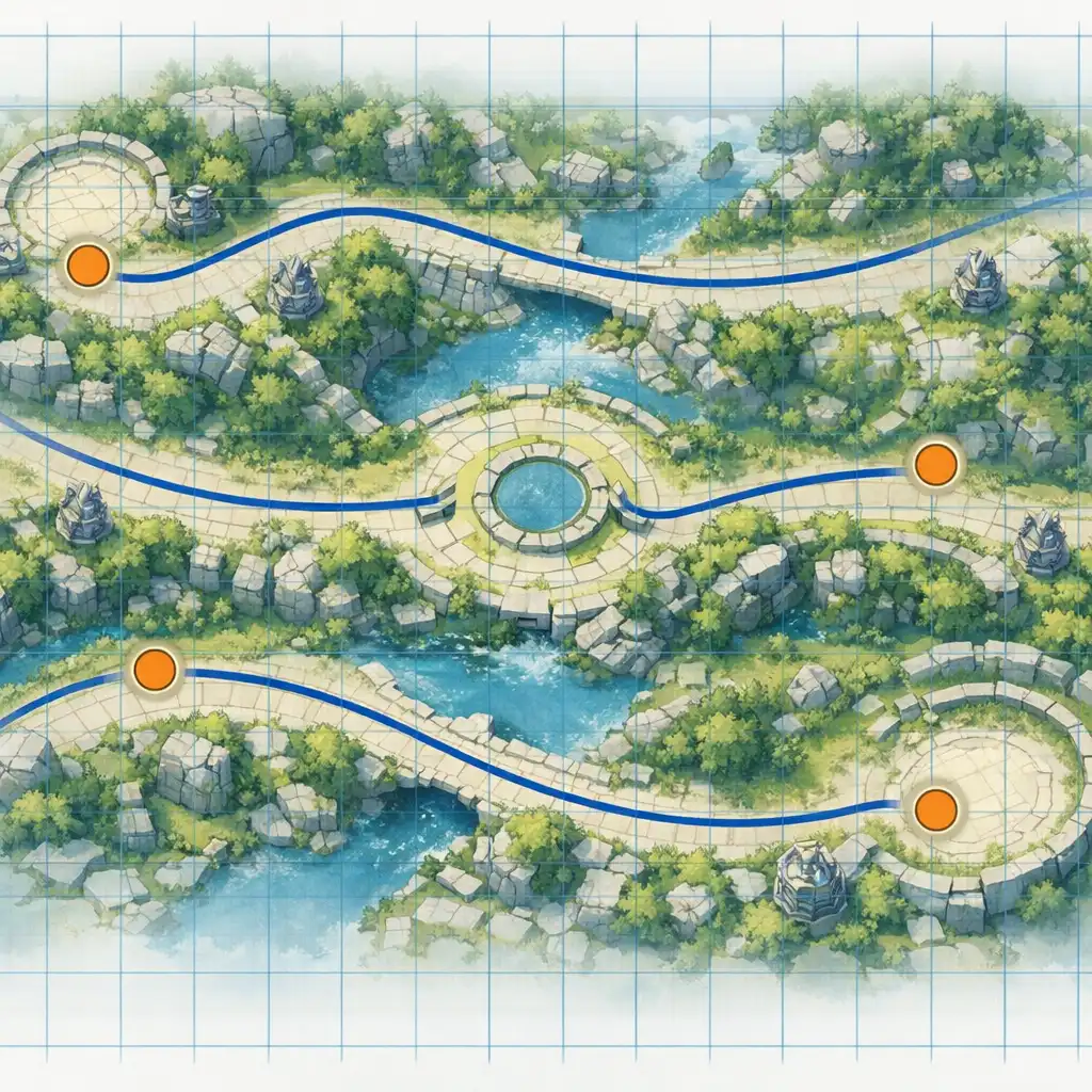 Szemléltető, felülnézeti háromsávos fantasy pálya folyóval, jungle folyosókkal és objektívterületekkel.