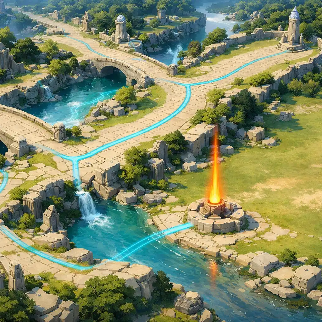 Eredeti fantasy MOBA-aréna három sávval, folyóátkelővel és távoli védőtornyokkal.