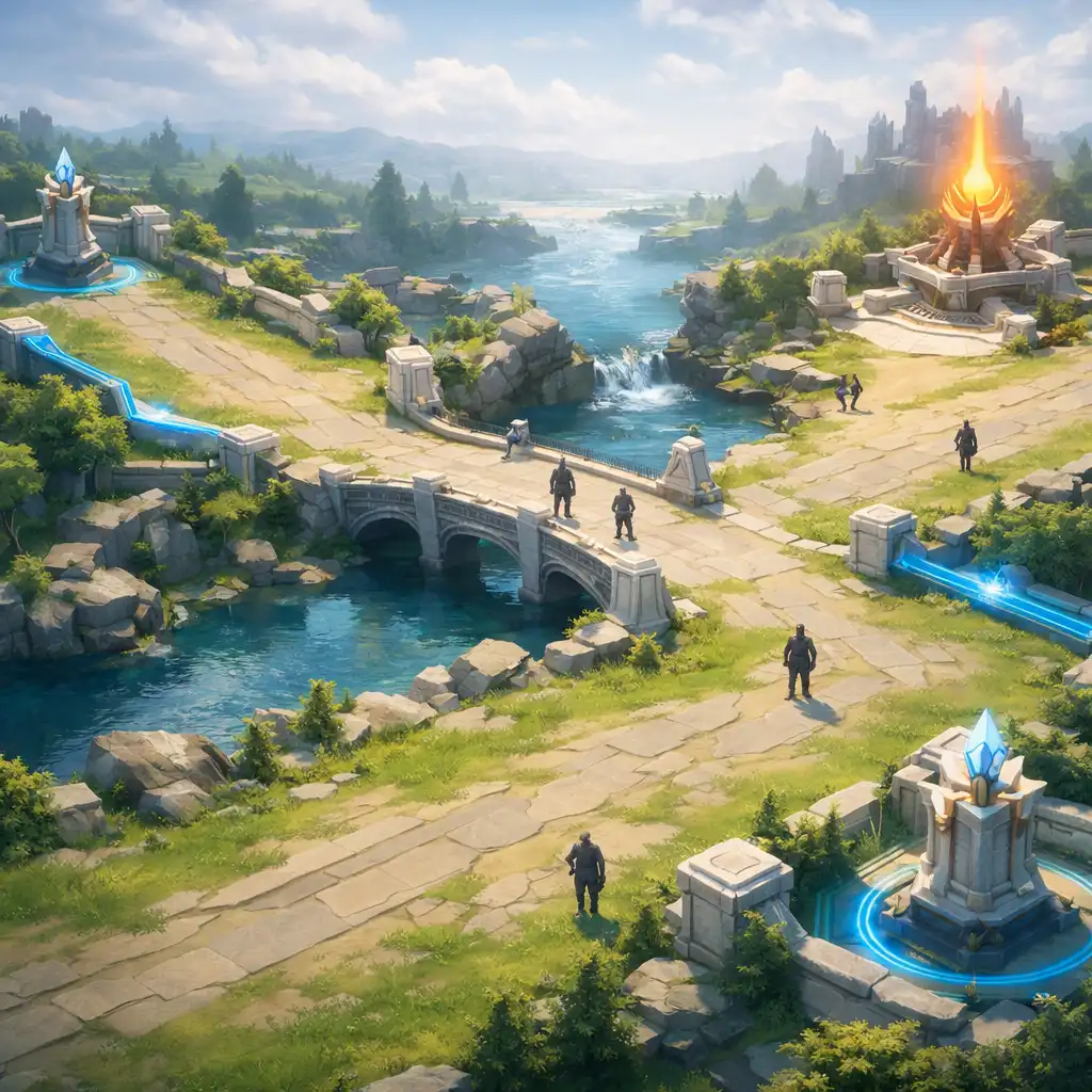 Eredeti fantasy háromsávos aréna folyóátkelővel, jungle ösvényekkel és távoli tornyokkal.
