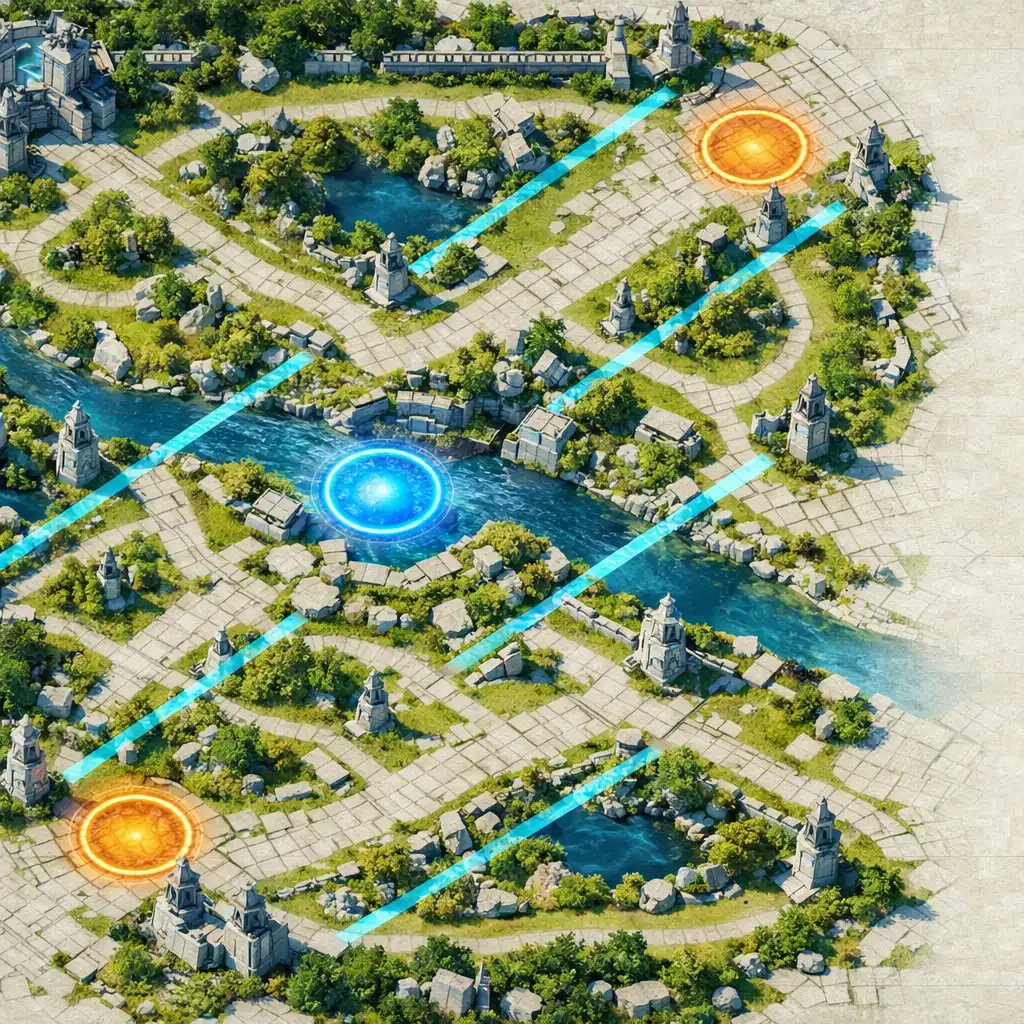 Eredeti, felülnézeti fantasy MOBA aréna három sávval, folyóval és dzsungelterületekkel.